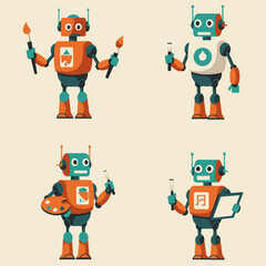set illustraton minimalist geometric flat vector design of creative artist robots