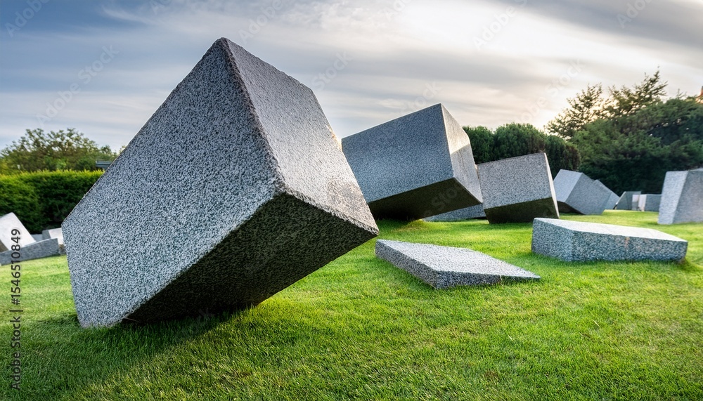 Poster granite blocks lying on grass creating abstract geometric pattern