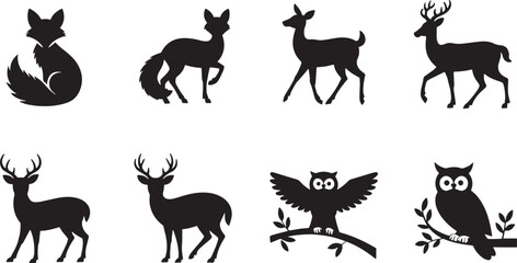 Black White Line Art Silhouettes Eight Wildlife Animals Fox Deer Owl Sitting Standing vector
