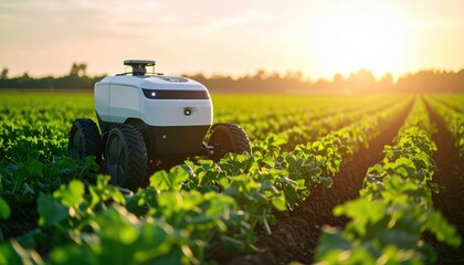 A smart farming robot tending crops in a lush green field at sunrise illustrating agricultural automation, food sustainability and agri-tech innovation