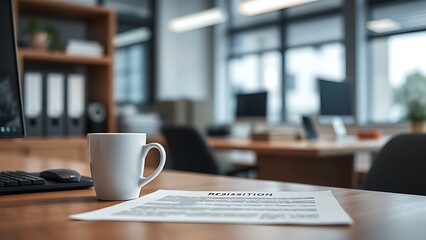 Empty office desk with coffee cup and resignation letter, symbolizing job layoffs, workplace uncertainty, and career transitions in corporate environment.