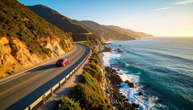 A scenic coastal drive along cliffs during golden hour symbolizing freedom, adventure, road trips, and travel experiences along California Pacific Coast