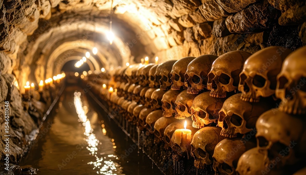 Poster mysterious catacombs with skull-lined walls and dim torchlight