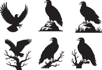 Six Black and White Eagle Line Art Silhouettes Birds of Prey Wildlife Nature Rock Branch Tree Graphic Design