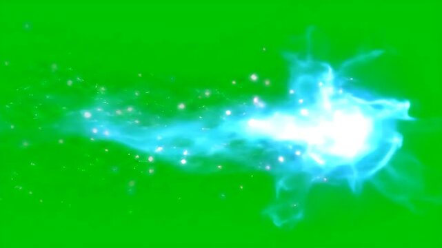 Animation of a magical blue energy ball with glowing sparks flying on a green screen for special effects