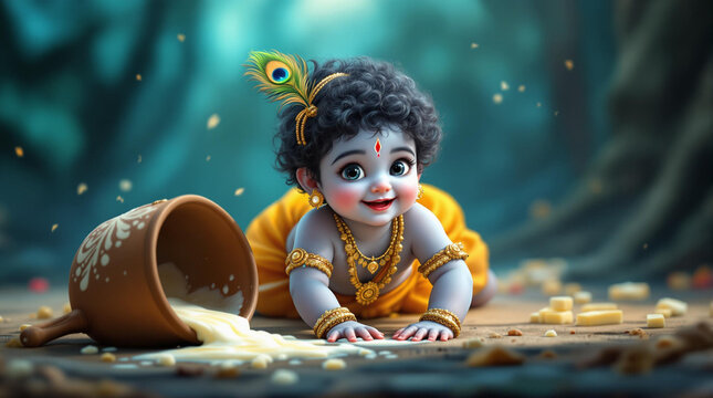 A heartwarming and divine illustration of baby Krishna crawling playfully with a joyful smile.