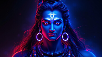 A powerful and serene portrait of Lord Shiva depicted in a hyper-realistic digital art style. His face is illuminated with contrasting cool blue and warm red lighting,