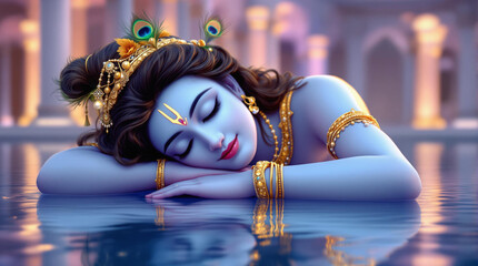 A serene and divine digital painting of Lord Krishna sleeping peacefully beside a calm reflective water surface. He has glowing blue skin 
