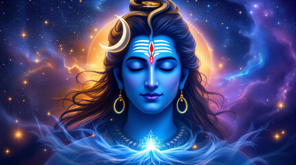 A serene, detailed digital painting of Lord Shiva depicted with blue skin, closed eyes in deep meditation, and peaceful expression.