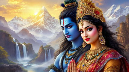 A stunning, divine painting of Lord Shiva and Goddess Parvati, portrayed together in a serene, majestic setting. Lord Shiva has a blue complexion,