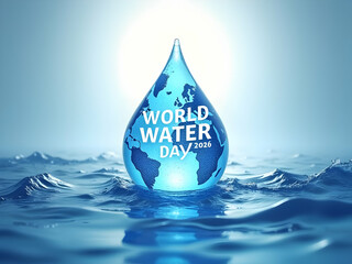 A large teardrop shaped water droplet floats on a blue ocean surface the droplet contains a world map and the text World Water Day 2026
