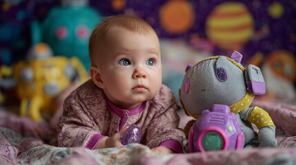 A baby lying on a blanket with toys and a space themed background looking up curiously