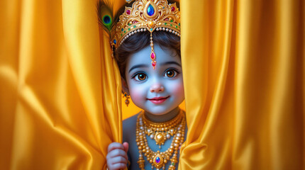 An adorable baby Krishna with glowing blue skin, large expressive brown eyes, and a sweet smile. He is peeking out from behind luxurious golden silk curtains.