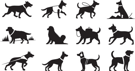 Twelve Black and White Line Art Illustrations of Dogs in Various Poses and with Different Accessories