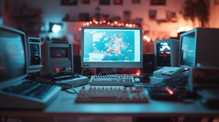 A nostalgic computer workspace showcasing vintage tech gear and neon ambiance, perfect for capturing the essence of retro gaming and digital creativity.