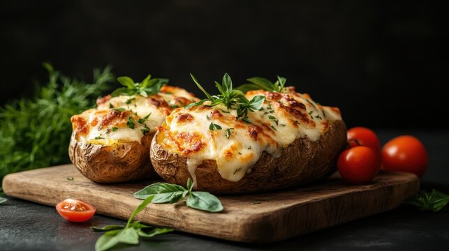 An appetizing presentation of stuffed baked potatoes topped with melted cheese and fresh herbs, delighting culinary enthusiasts and food lovers alike.