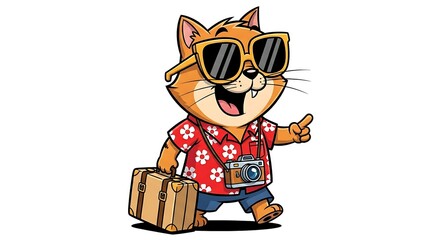Cartoon cat tourist with sunglasses, suitcase and camera, happy and ready for vacation. Travel-themed on white background.
