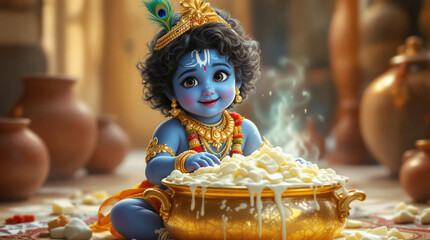 A hyper-realistic digital painting of a baby Krishna with blue skin, adorned with golden jewelry and garlands, sitting indoors with a soft divine glow around. 
