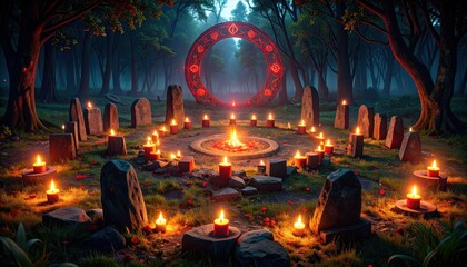 Naklejka premium Mysterious Ancient Ritual Circle with Monoliths and Candles at Night