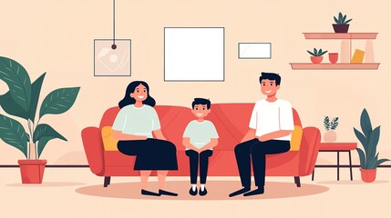 A cheerful family of three sits on a red sofa in a cozy, plant-filled living room with modern decor and warm lighting.