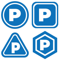Parking Sign Icon Set Blue P Symbols in Various Geometric Shapes Design Vector