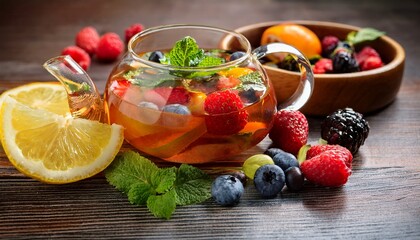 refreshing herbal tea with assorted fruits like berries and lemon perfect for morning snack