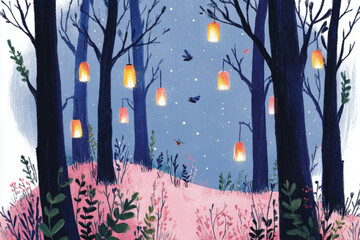 Soft glows from fireflies light up a serene field surrounded by trees and wildflowers during twilight, creating a magical atmosphere perfect for reflection and calm