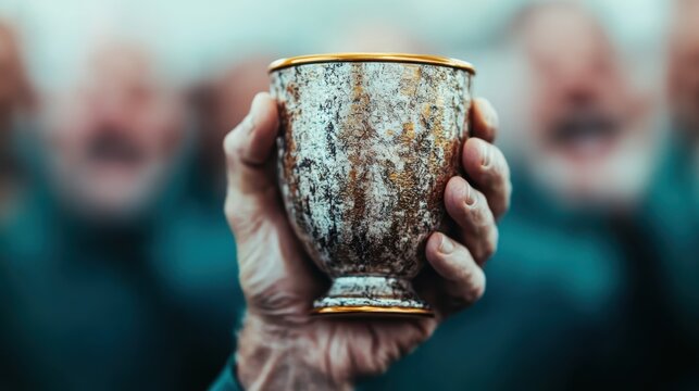 A weathered rustic goblet held aloft by a hand, exuding a sense of celebration and camaraderie, set against a blurred background of jovial faces, enhancing the atmosphere.
