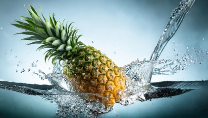 ripe pineapple splashing into water tropical fruit freshness