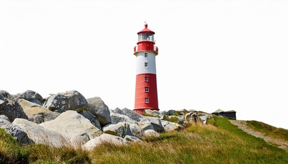 red and white lighthouse with rocks and grass white isolated background