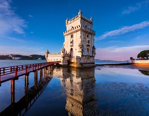 Fototapeta premium belem tower tower of saint vincent reflecting in the lagoon like water of the tagus river surrounding it in lisbon portugal