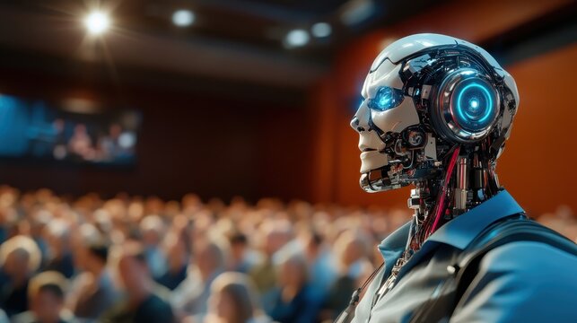 A striking humanoid robot stands confidently at a conference, showcasing advanced technology and human-like features in a modern setting with an audience in the background.