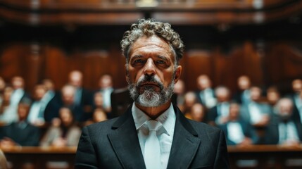 Fototapeta premium A poised lawyer stands confidently in front of the jury, showcasing professionalism and determination in a dynamic legal setting filled with tension and focus.