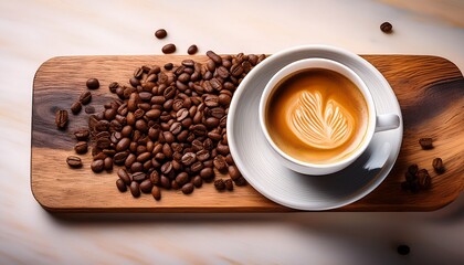 creamy coffee white cup wooden board surrounded by coffee beans evokes warmth and comfort