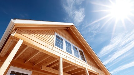 A contemporary wooden house is beautifully illuminated by sunlight under a clear blue sky, showcasing modern architecture and inviting outdoor space, perfect for relaxation and inspiration.