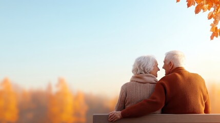 An elderly couple sits closely on a bench in an autumn park, sharing a warm moment together, epitomizing love, companionship, and the beauty of lasting relationships.