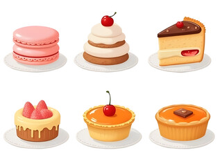 Six Assorted Cakes and Pastries on White Plates Against Black Background Delicious Sweet Treats Macarons Mousse Tartlets isolated on a transparent background