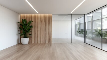 A bright, minimalist office space featuring large glass walls and a vibrant plant, representing modern work culture and the importance of nature in professional environments.
