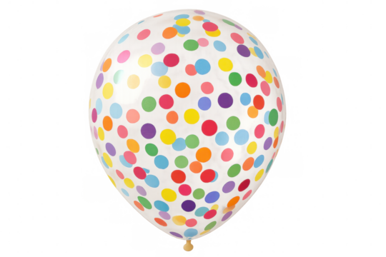 Single white balloon with colorful polka dots floating on a transparent background, perfect for party or celebration visuals