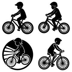 Obraz premium Silhouette illustrations of children riding bicycles with varying styles and designs shown in black color
