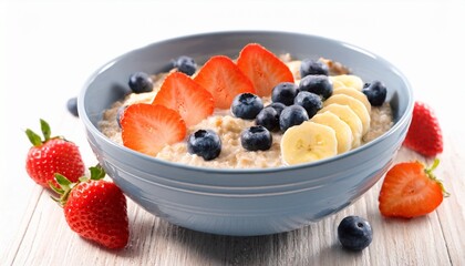 oatmeal porridge with banana strawberries and blueberries for breakfast