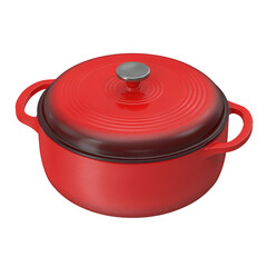 A vibrant red cooking pot with a lid, ideal for simmering, baking, or serving various dishes.