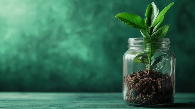 A delicate sprouting plant in soil inside a glass jar, symbolizing growth, nurturing nature, and the beauty of life emerging from humble beginnings.