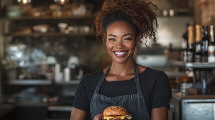 A smiling female chef proudly displays a gourmet hamburger, embodying a joyful food experience and showcasing culinary creativity in an inviting restaurant atmosphere.