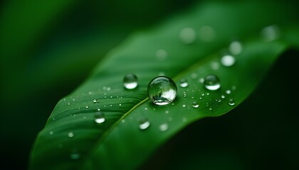 Water droplets resting on a green leaf surface with reflections and blurred background