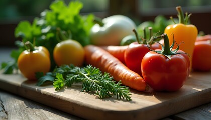 Close-up of fresh red tomatoes and herbs in kitchen setting