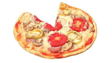 A delicious pizza topped with cheese, tomatoes, mushrooms, and peppers, showcasing a slice taken out.