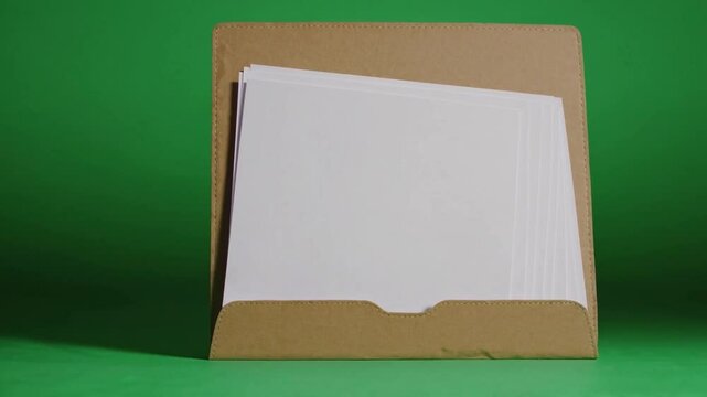 Blank Sheets of Paper in a Tan Folder Against a Bright Green Background Ideal for Creative Projects