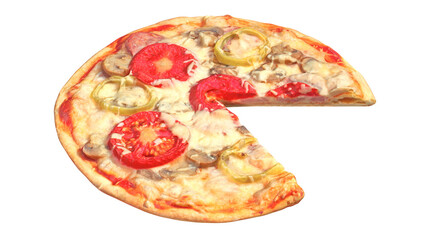 A delicious pizza topped with tomatoes, mushrooms, and peppers, showcasing a slice removed.