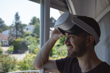 Obraz premium Young Man in a casual tshirt using virtual reality glasses, wearing new generation vr headset. looking into the window and smiling.